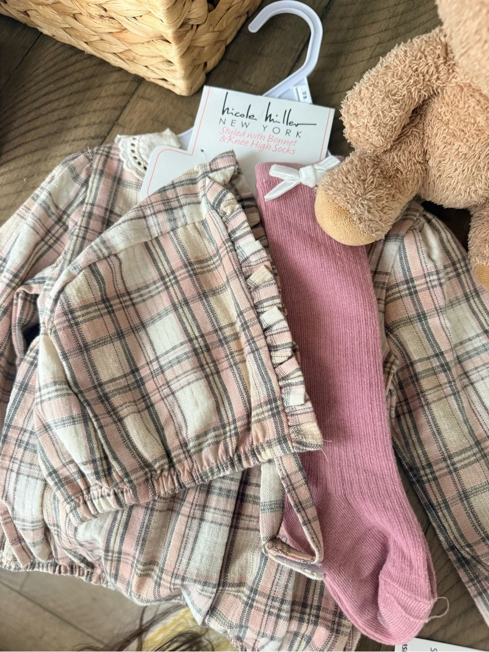 Nicole Miller New York Plaid Baby Romper with Knee High Socks - Pink/Tan